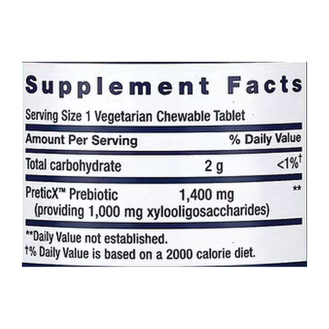 Life Extension, Florassist Prebiotic Chewable, Natural Strawberry, 60 Vegetarian Chewable Tablets supplement facts label showing ingredients, vitamins, minerals, and serving information
