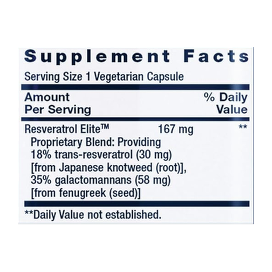 Life Extension, Resveratrol Elite™, 30 Vegetarian Capsules supplement facts label showing ingredients, vitamins, minerals, and serving information
