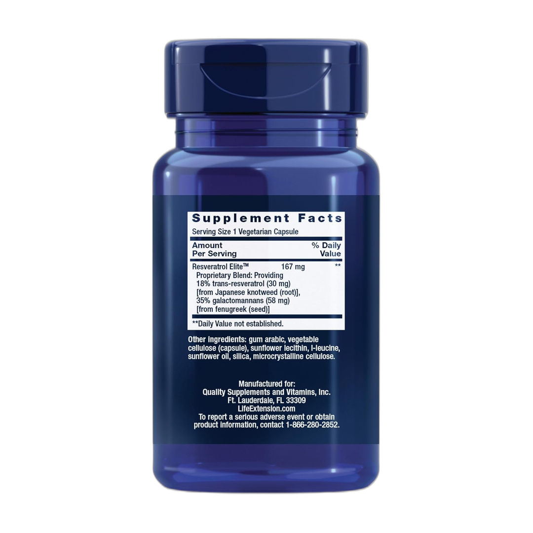Life Extension, Resveratrol Elite, 30 Vegetarian Capsules back packaging view
