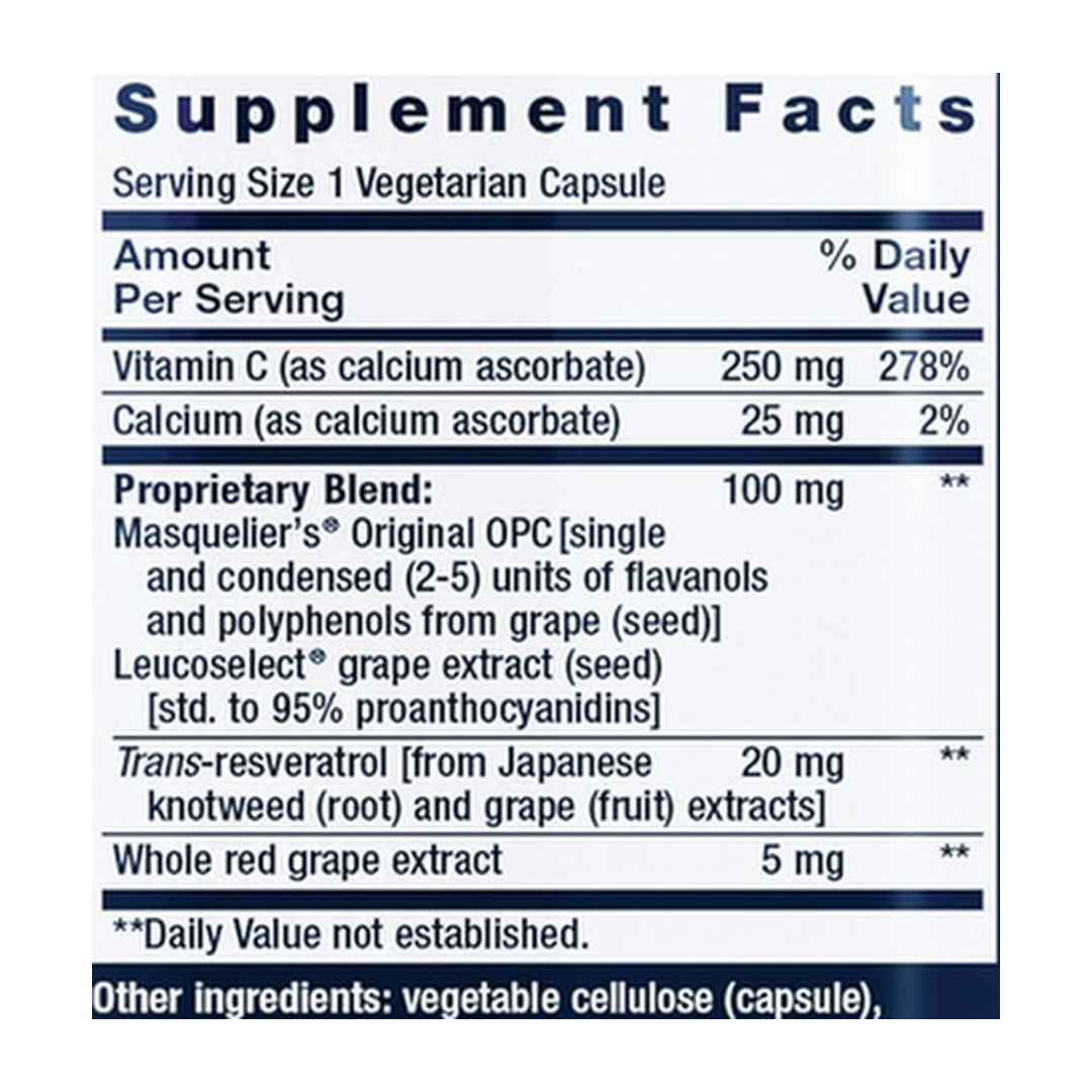 Life Extension, Grapeseed Extract, 60 Vegetarian Capsules supplement facts label showing ingredients, vitamins, minerals, and serving information