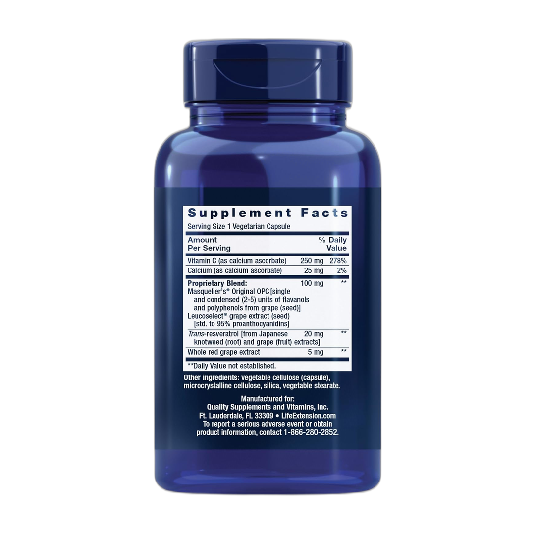 Life Extension, Grapeseed Extract, 60 Vegetarian Capsules back packaging view