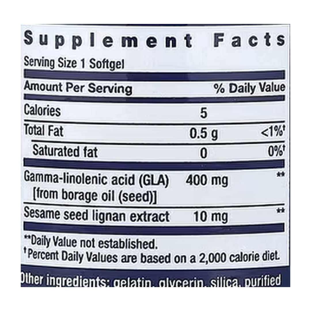 Life Extension, Mega GLA Sesame Lignans, 30 Softgels supplement facts label showing ingredients, vitamins, minerals, and serving information