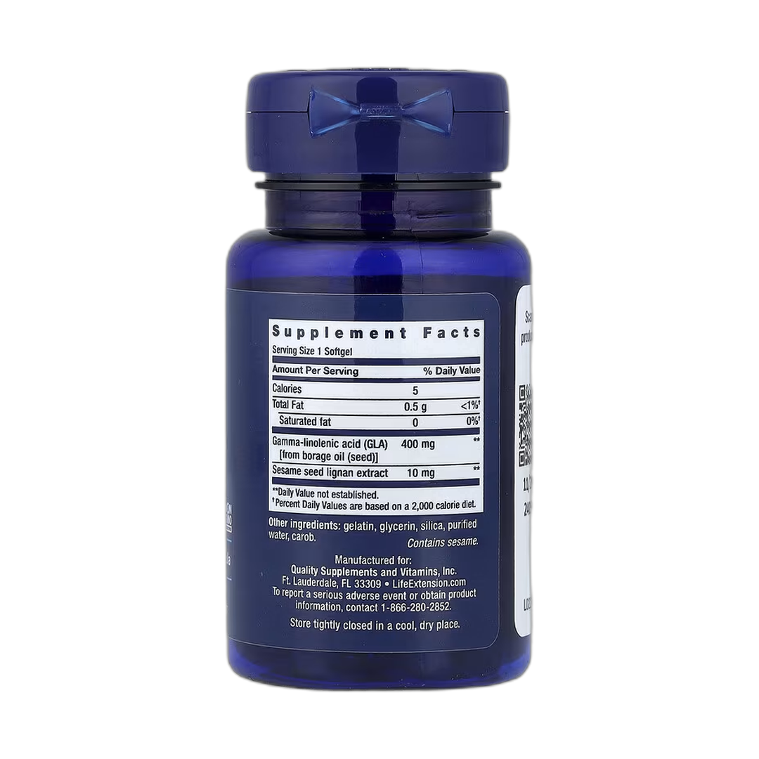 Life Extension, Mega GLA Sesame Lignans, 30 Softgels back packaging view