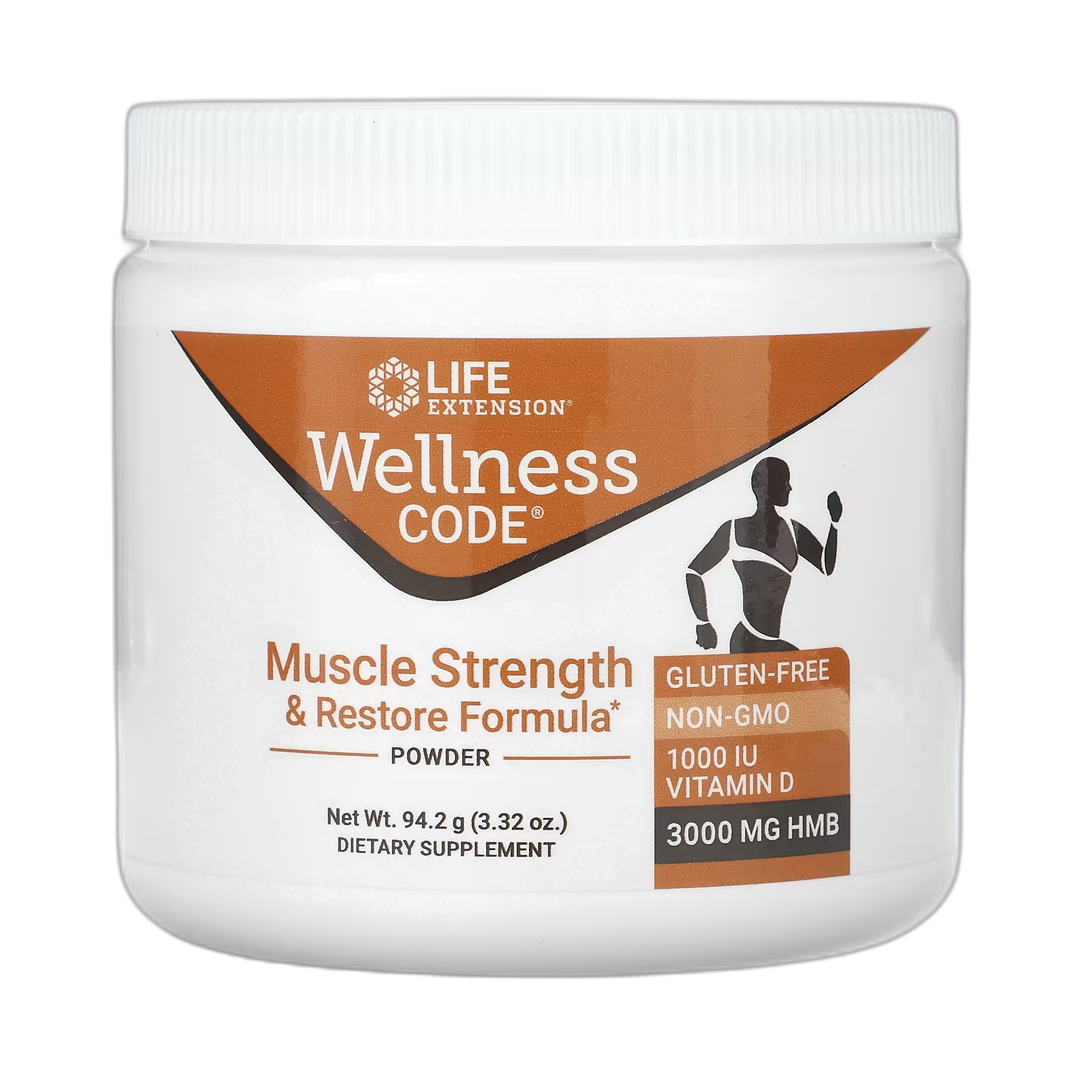 Life Extension, Wellness Code, Muscle Strength & Restore Formula Powder, 3.32 oz, 94.2 g front packaging view
