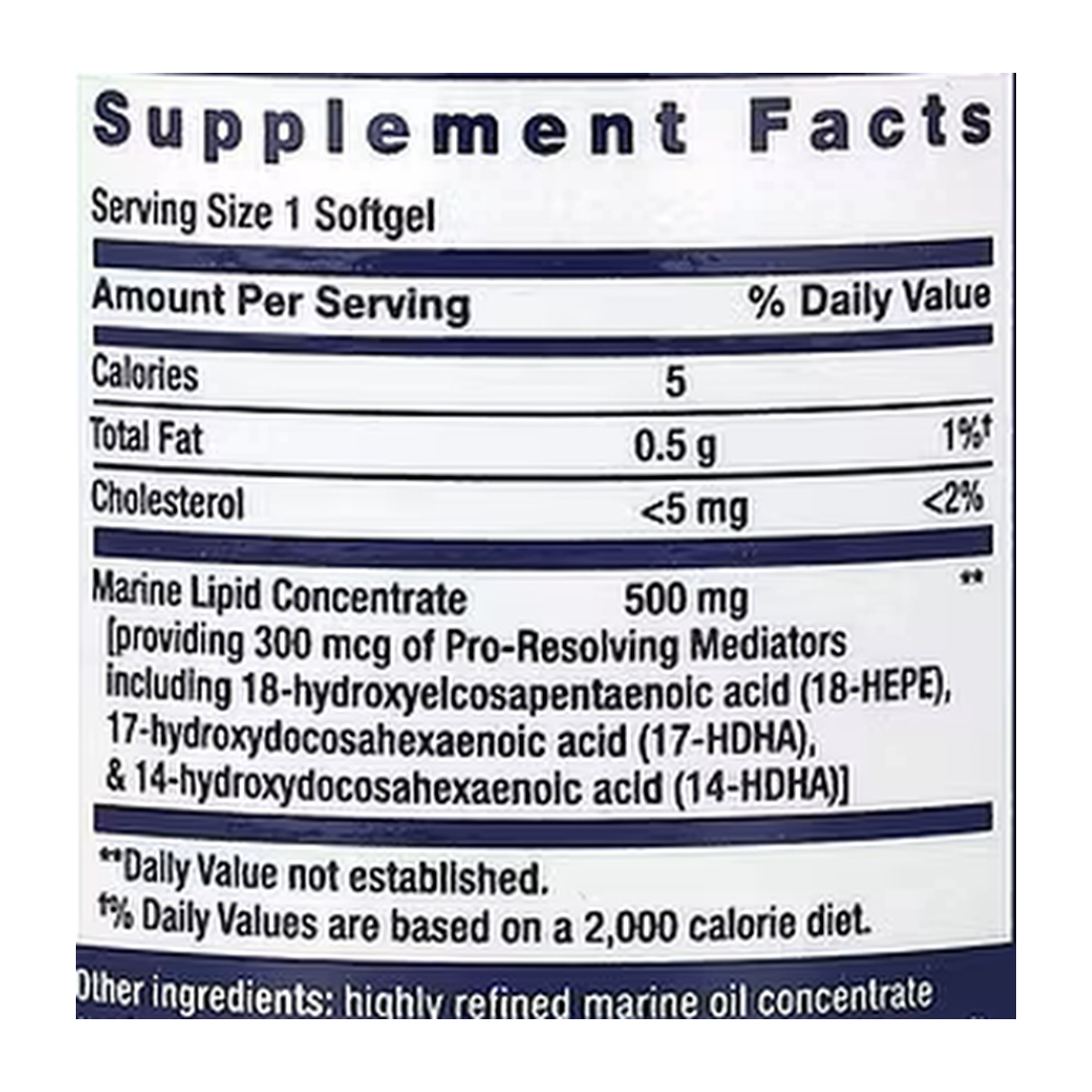 Life Extension, Pro-Resolving Mediators, 30 Softgels supplement facts label showing ingredients, vitamins, minerals, and serving information