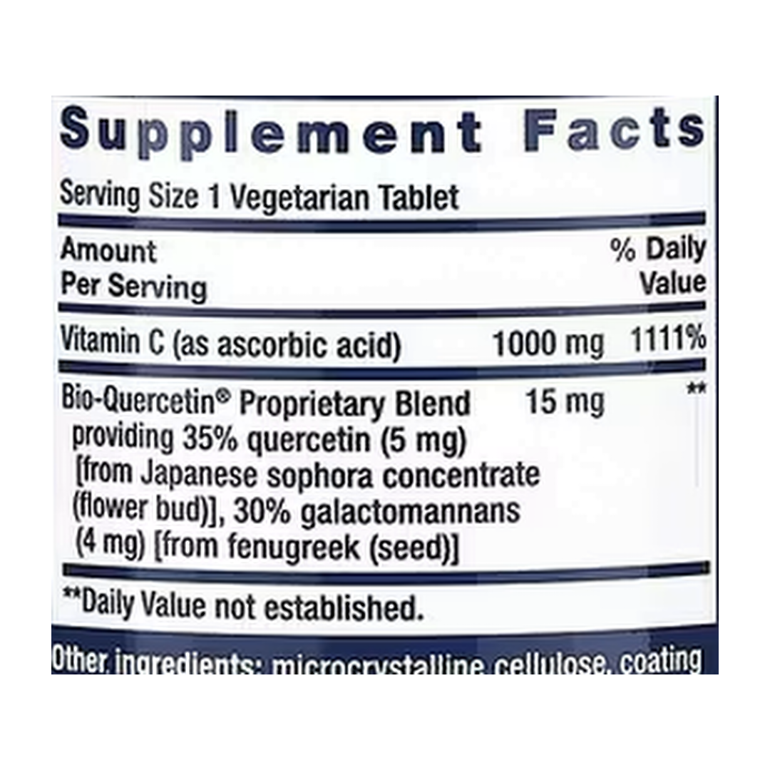 Life Extension, Vitamin C and Bio-Quercetin, 250 Vegetarian Tablets supplement facts label showing ingredients, vitamins, minerals, and serving information