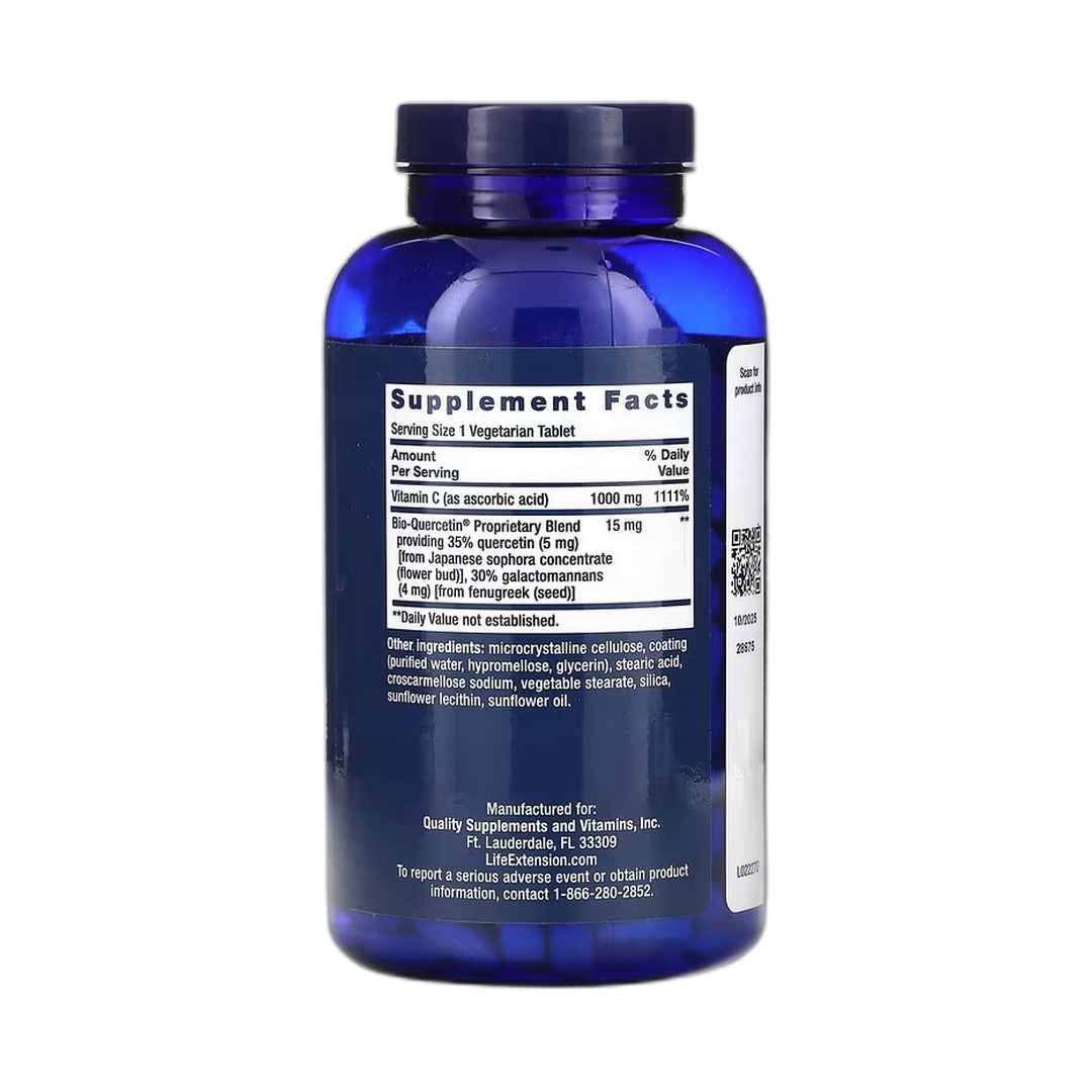 Life Extension, Vitamin C and Bio-Quercetin, 250 Vegetarian Tablets back packaging view