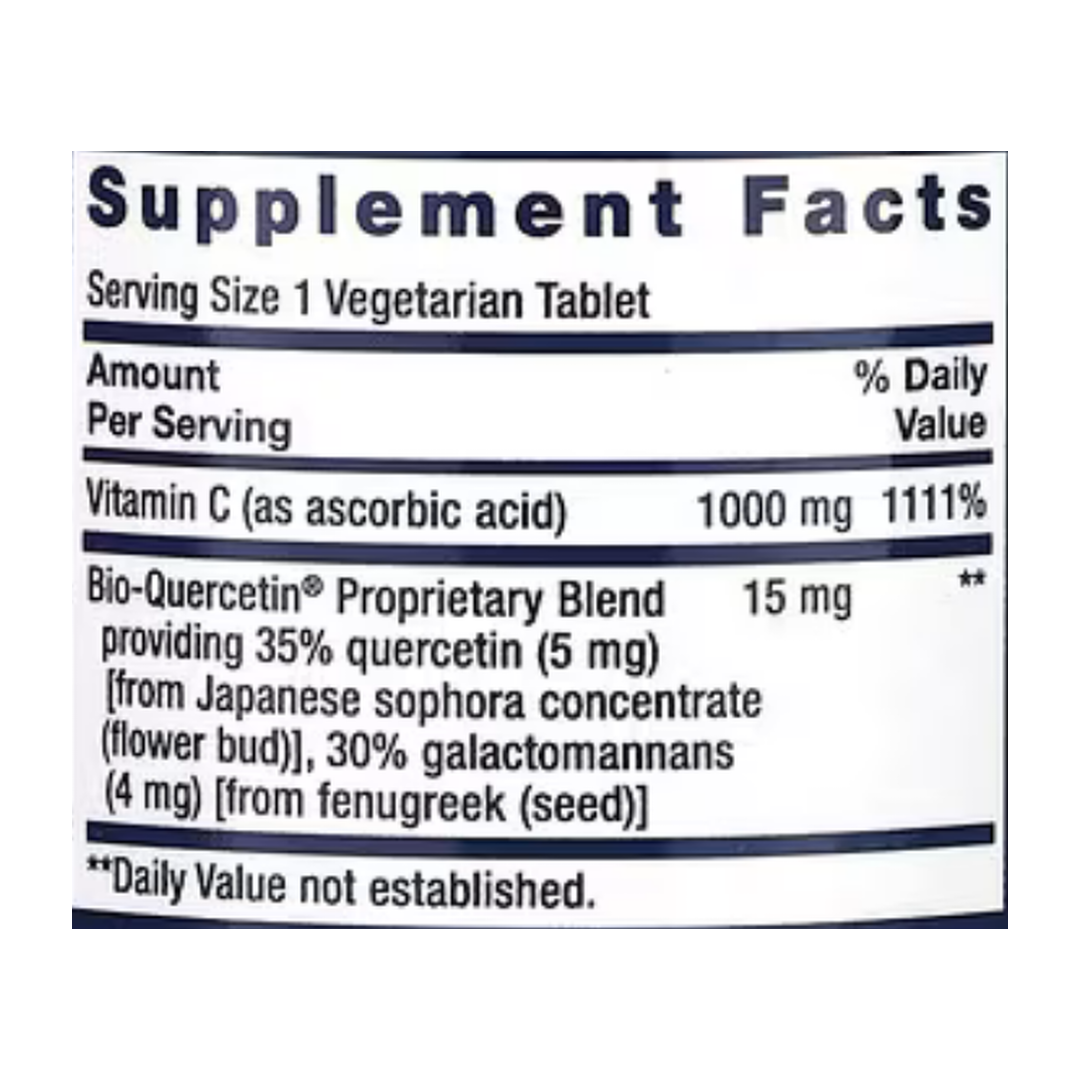 Life Extension, Vitamin C and Bio-Quercetin, 60 Vegetarian Tablets supplement facts label showing ingredients, vitamins, minerals, and serving information