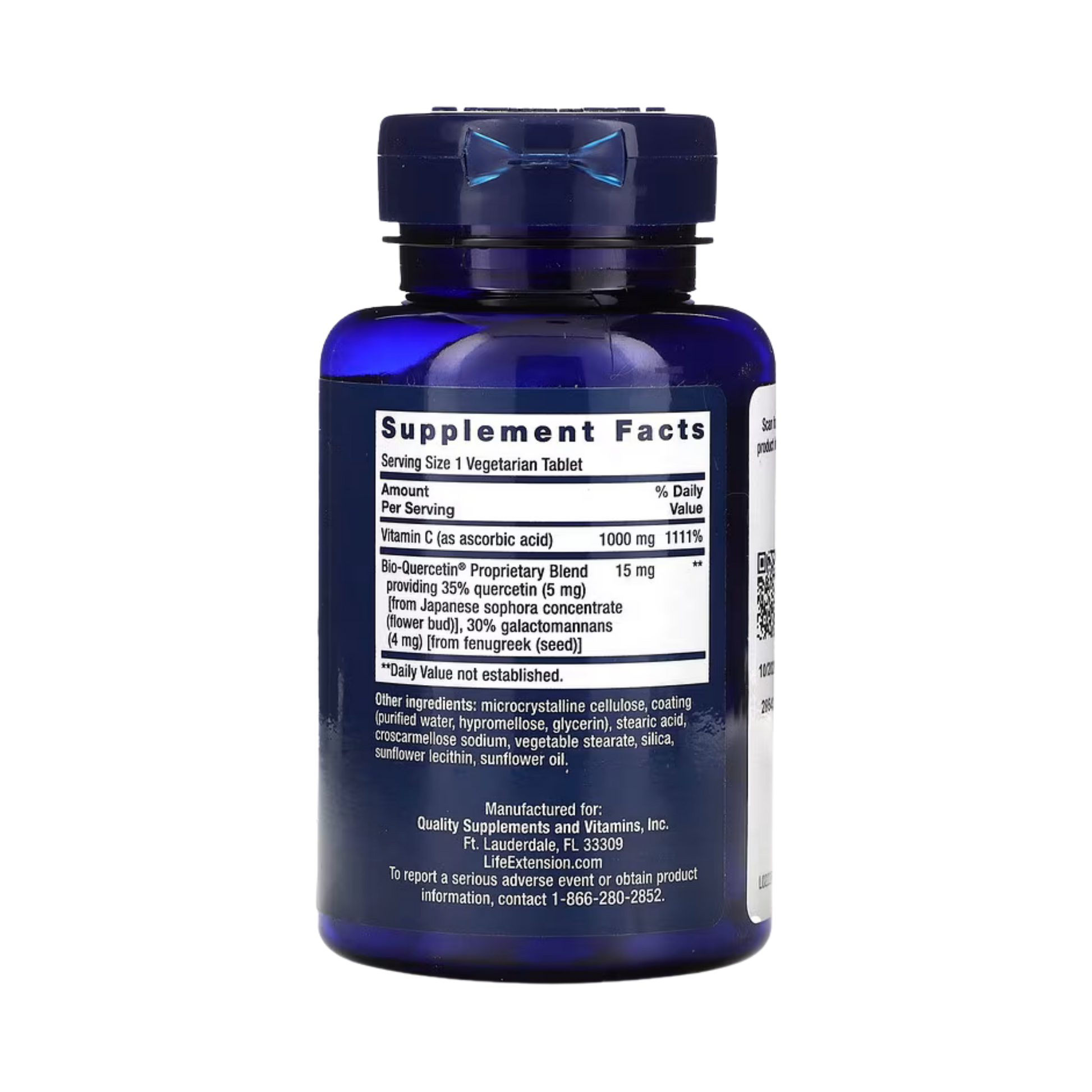 Life Extension, Vitamin C and Bio-Quercetin, 60 Vegetarian Tablets back packaging view