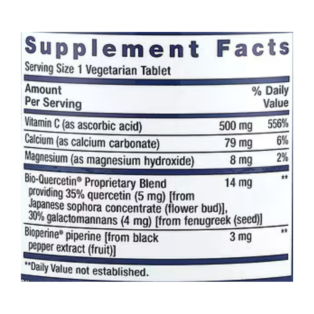 Life Extension, Fast-C® and Bio-Quercetin®, 60 Vegetarian Tablets supplement facts label showing ingredients, vitamins, minerals, and serving information