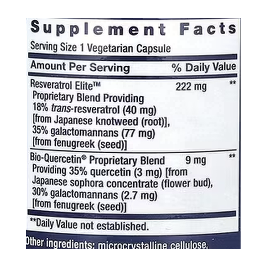 Life Extension, Optimized Resveratrol Elite, 60 Vegetarian Capsules supplement facts label showing ingredients, vitamins, minerals, and serving information