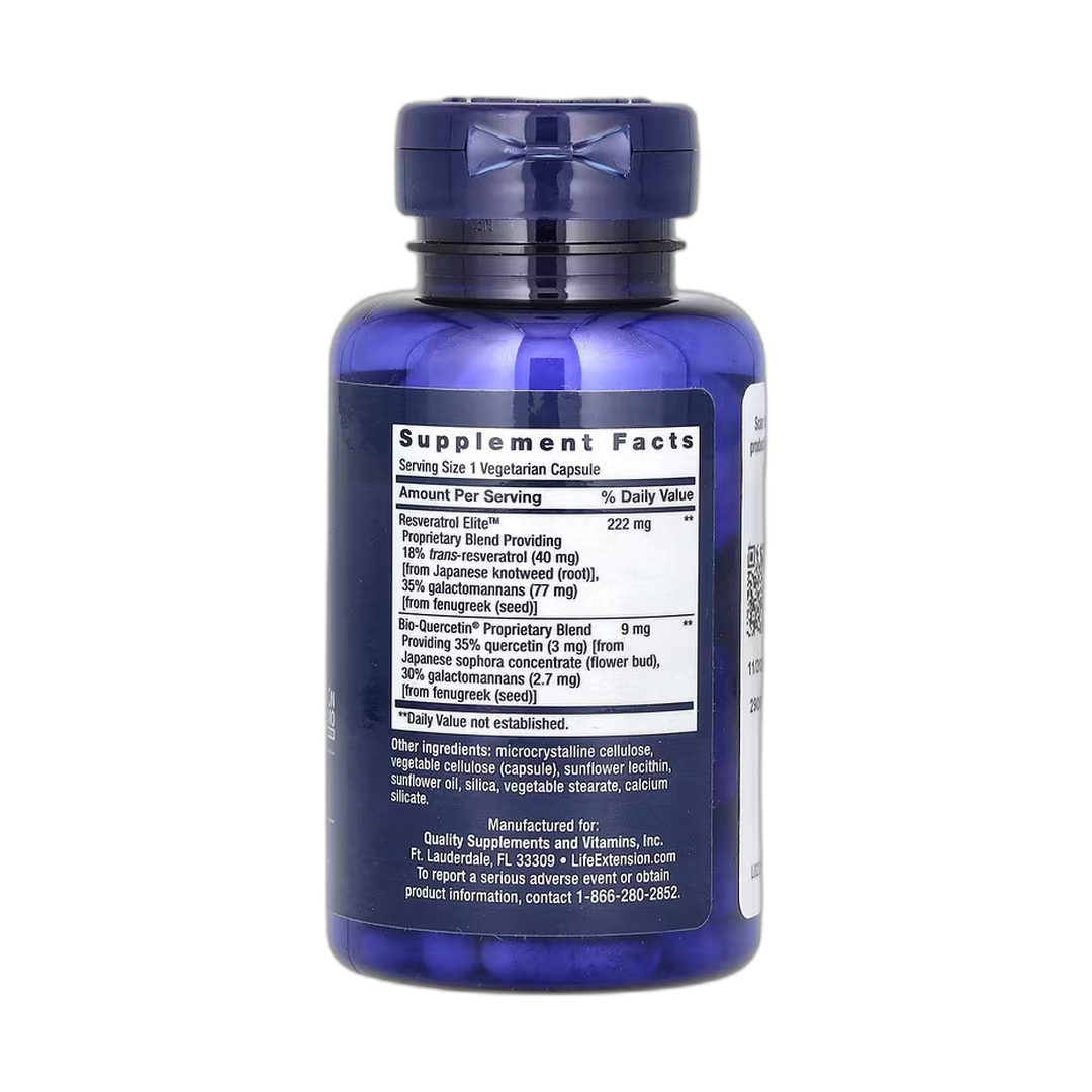 Life Extension, Optimized Resveratrol Elite, 60 Vegetarian Capsules back packaging view