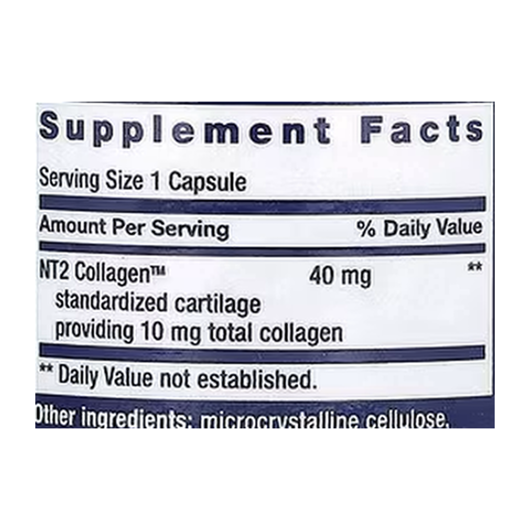 Life Extension, NT2 Collagen, 60 Small Capsules supplement facts label showing ingredients, vitamins, minerals, and serving information