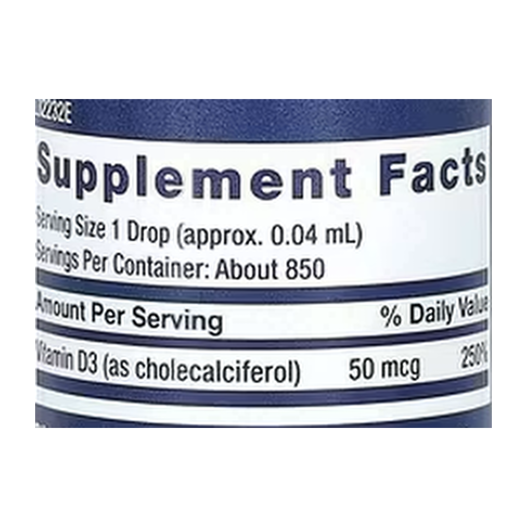 Life Extension, Liquid Vitamin D3, Mint, 50 mcg (2,000 IU), 1 fl oz, 29.57 ml supplement facts label showing ingredients, vitamins, minerals, and serving information