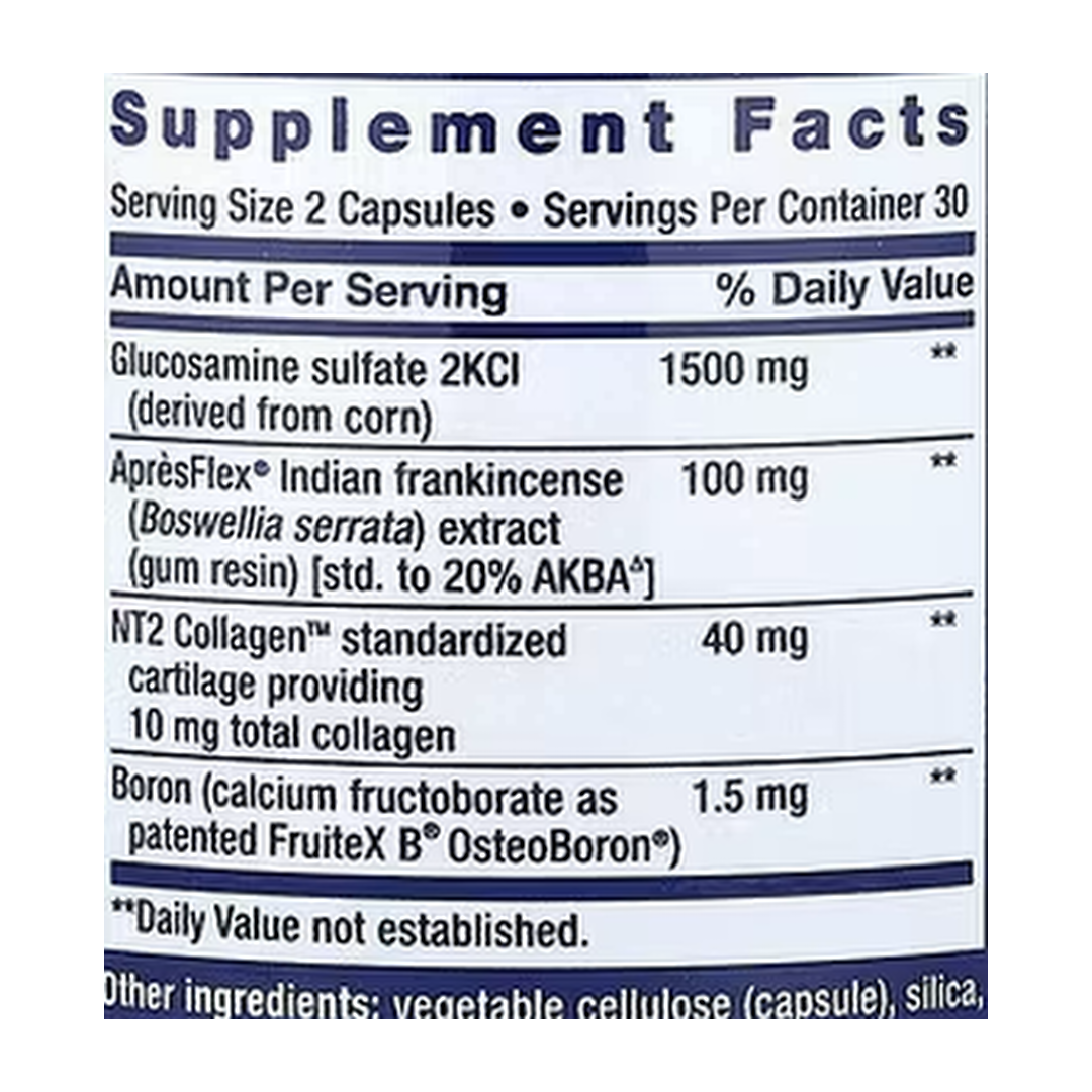 Life Extension, ArthroMax® Advanced, NT2 Collagen™ & ApresFlex®, 60 Capsules supplement facts label showing ingredients, vitamins, minerals, and serving information