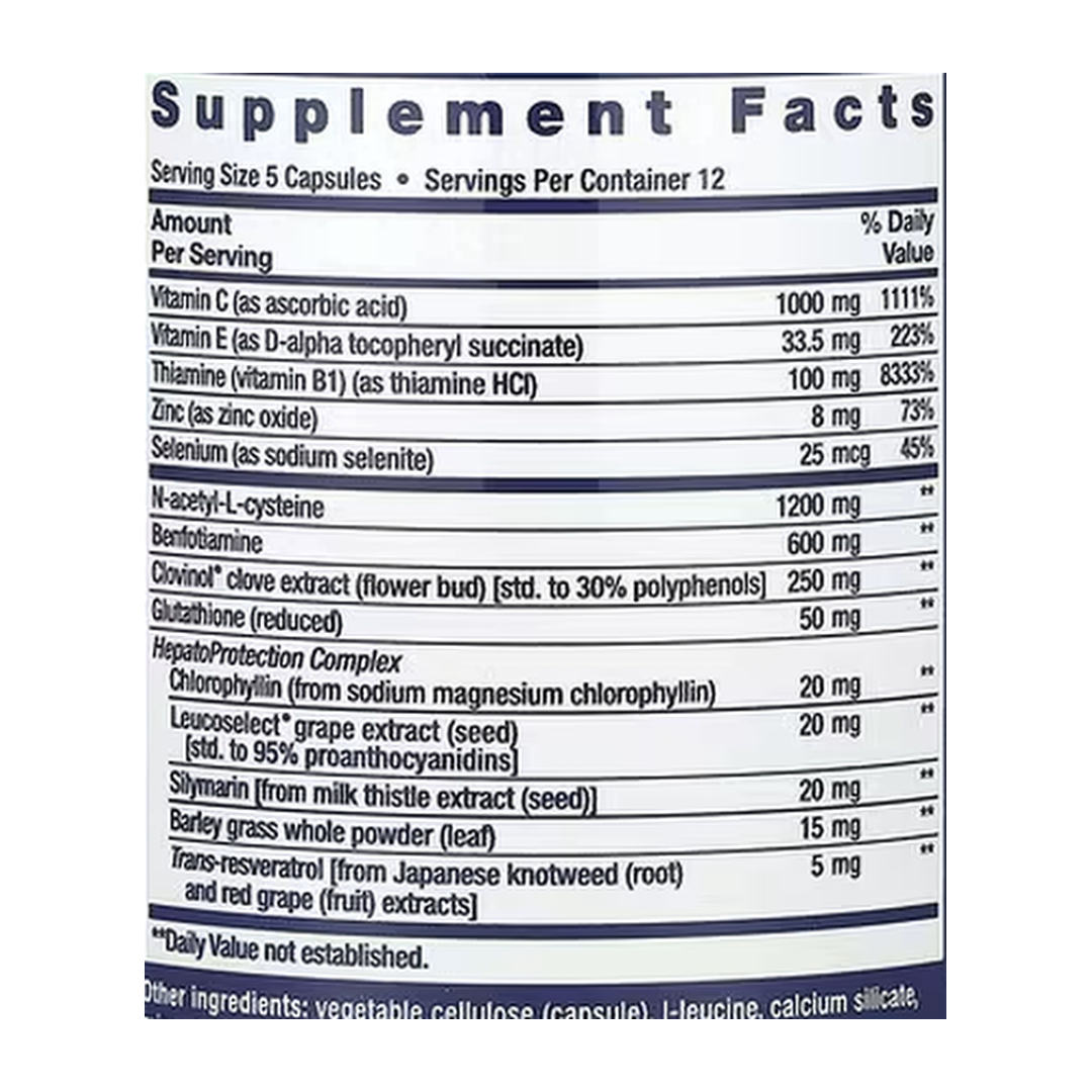 Life Extension, Anti-Alcohol Complex, 60 Capsules supplement facts label showing ingredients, vitamins, minerals, and serving information