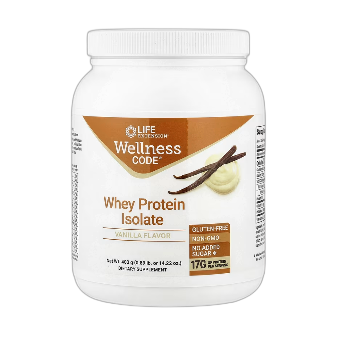 Life Extension, Wellness Code, Whey Protein Isolate, Vanilla, 0.89 lb, 403 g front packaging view