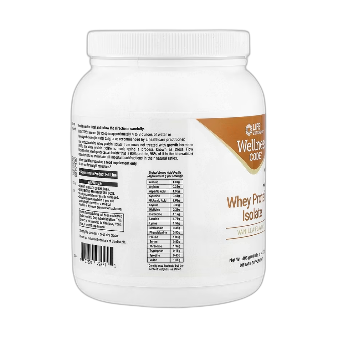 Life Extension, Wellness Code, Whey Protein Isolate, Vanilla, 0.89 lb, 403 g packaging side view
