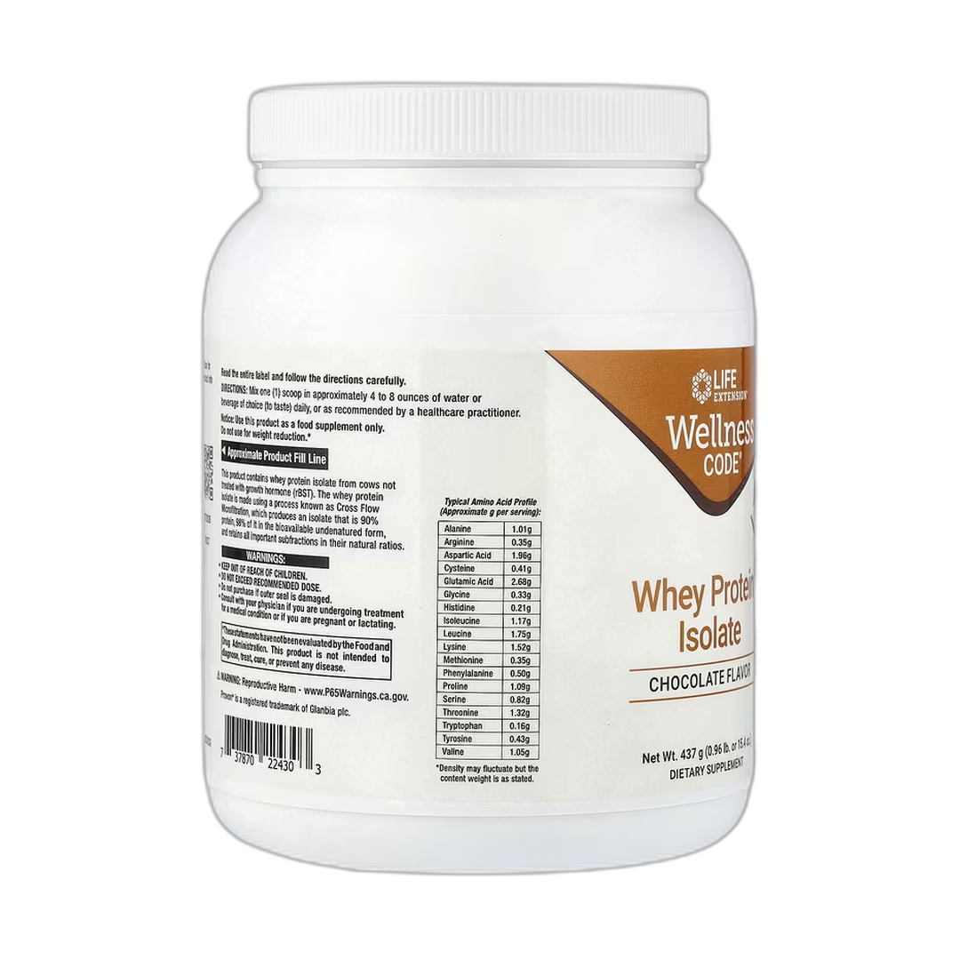 Life Extension, Wellness Code, Whey Protein Isolate, Chocolate, 0.96 lb, 437 g packaging side view