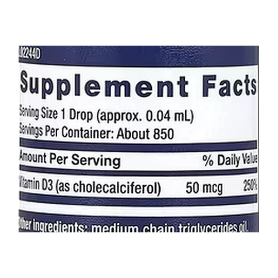 Life Extension, Liquid Vitamin D3, 50 mcg (2,000 IU), 1 fl oz, 29.57 ml supplement facts label showing ingredients, vitamins, minerals, and serving information