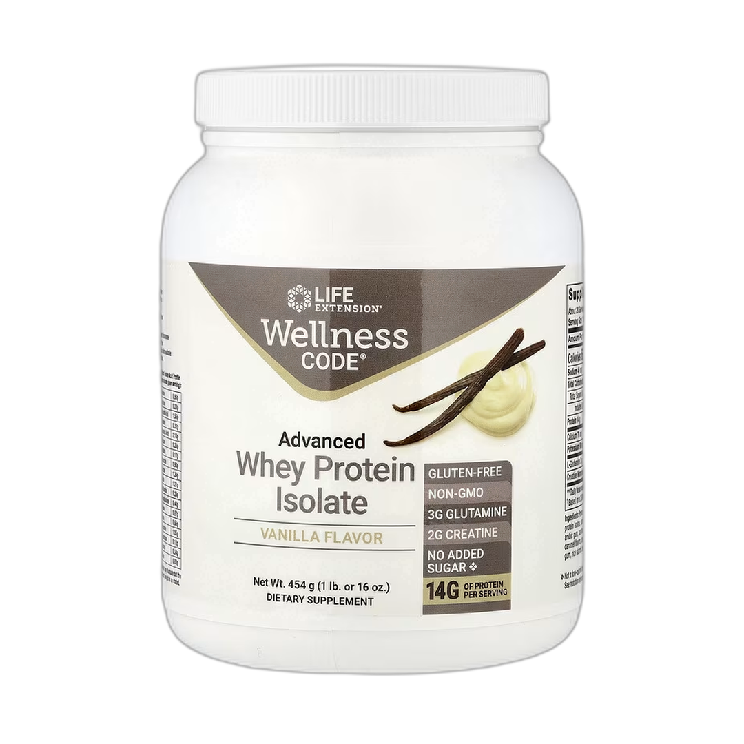Life Extension, Wellness Code, Advanced Whey Protein Isolate, Vanilla, 1 lb, 454 g front packaging view