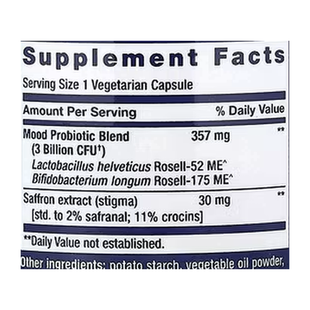 Life Extension, FLORASSIST® Probiotic, Mood Improve, 30 Vegetarian Capsules supplement facts label showing ingredients, vitamins, minerals, and serving information