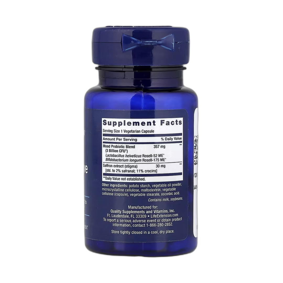 Life Extension, FLORASSIST Probiotic, Mood Improve, 30 Vegetarian Capsules back packaging view