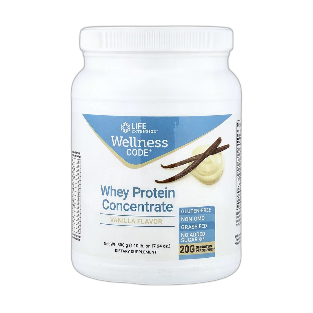 Life Extension, Wellness Code, Whey Protein Concentrate, Vanilla, 1.10 lb, 500 g front packaging view