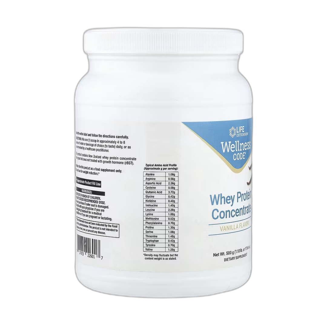 Life Extension, Wellness Code, Whey Protein Concentrate, Vanilla, 1.10 lb, 500 g packaging side view