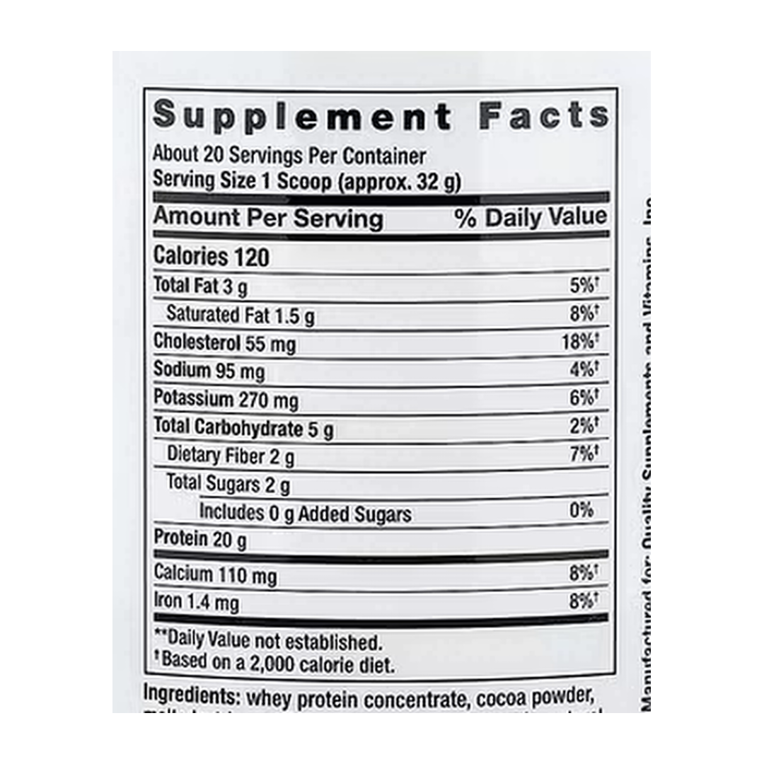Life Extension, Wellness Code®, Whey Protein Concentrate, Chocolate, 1.41 lb, 640 g supplement facts label showing ingredients, vitamins, minerals, and serving information
