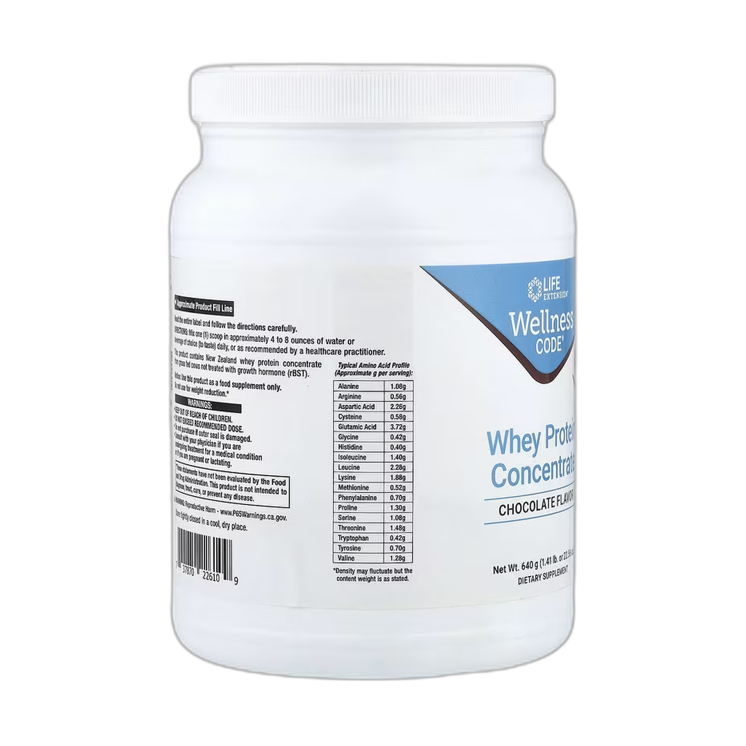 Life Extension, Wellness Code, Whey Protein Concentrate, Chocolate, 1.41 lb, 640 g packaging side view