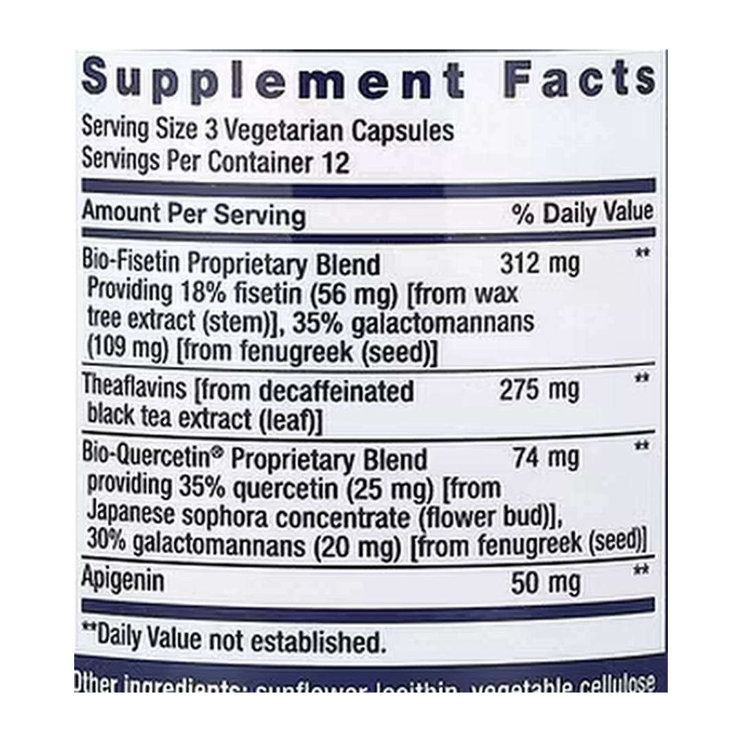 Life Extension, Senolytic Activator®, 36 Vegetarian Capsules supplement facts label showing ingredients, vitamins, minerals, and serving information