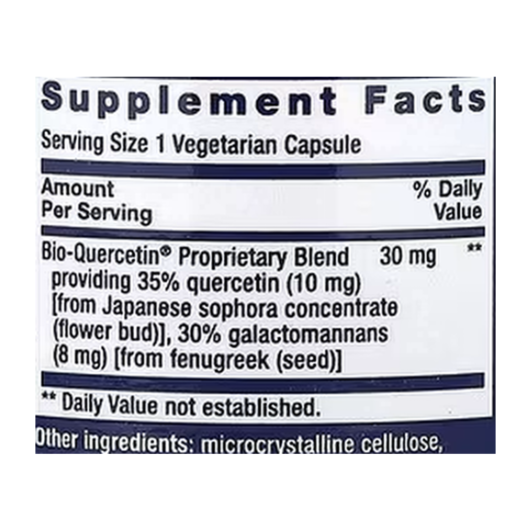 Life Extension, Bio-Quercetin®, 30 Vegetarian Capsules supplement facts label showing ingredients, vitamins, minerals, and serving information