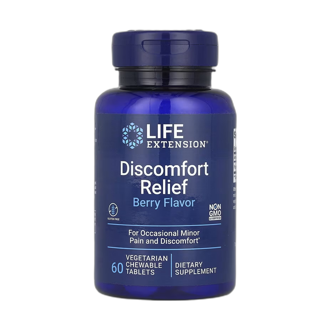 Life Extension, Discomfort Relief, Berry, 60 Vegetarian Chewable Tablets back packaging view