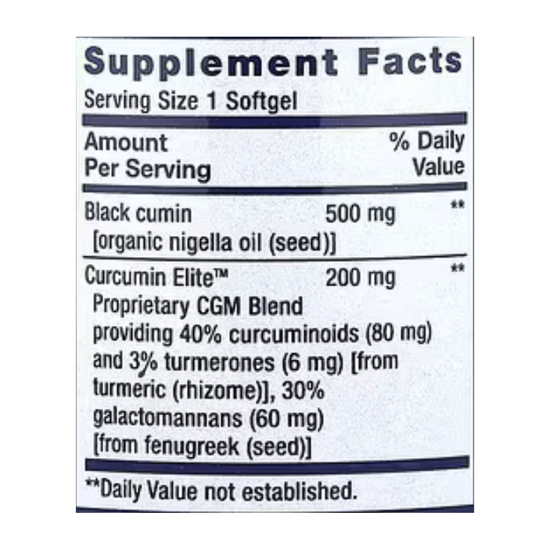 Life Extension, Black Cumin Seed Oil and Curcumin Elite™, 60 Softgels supplement facts label showing ingredients, vitamins, minerals, and serving information
