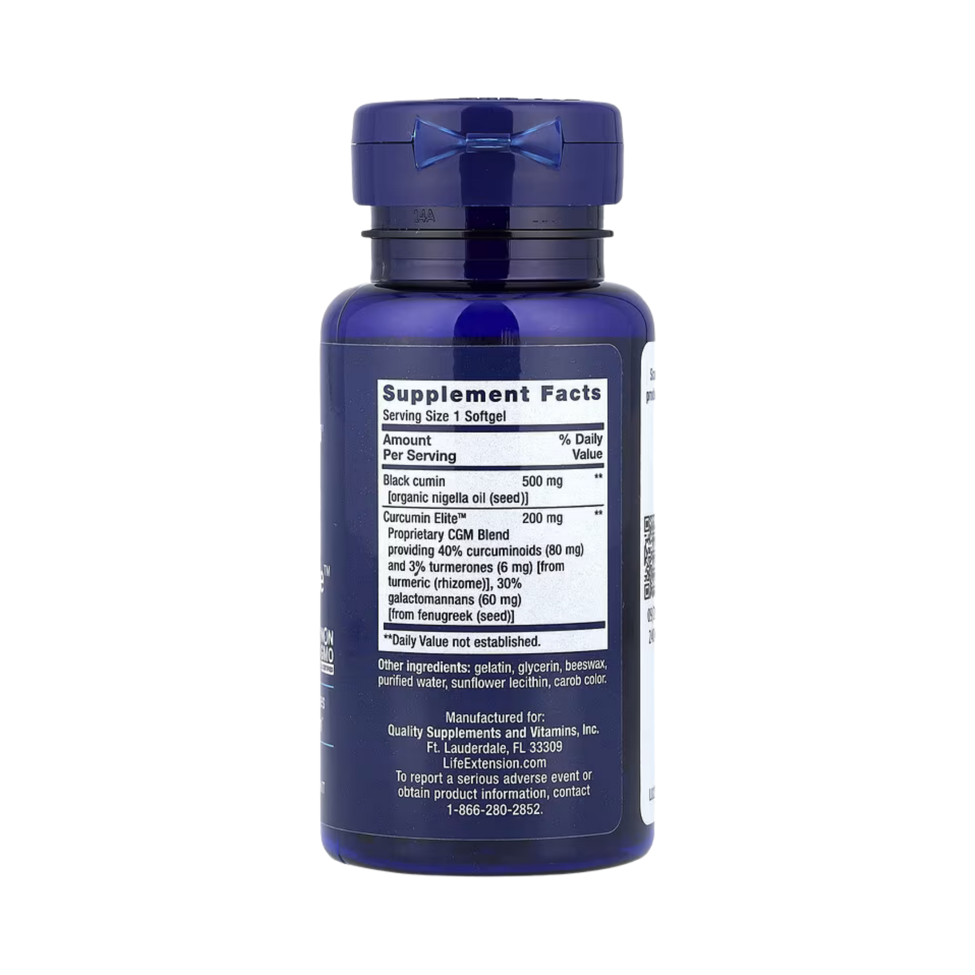 Life Extension, Black Cumin Seed Oil and Curcumin Elite, 60 Softgels back packaging view