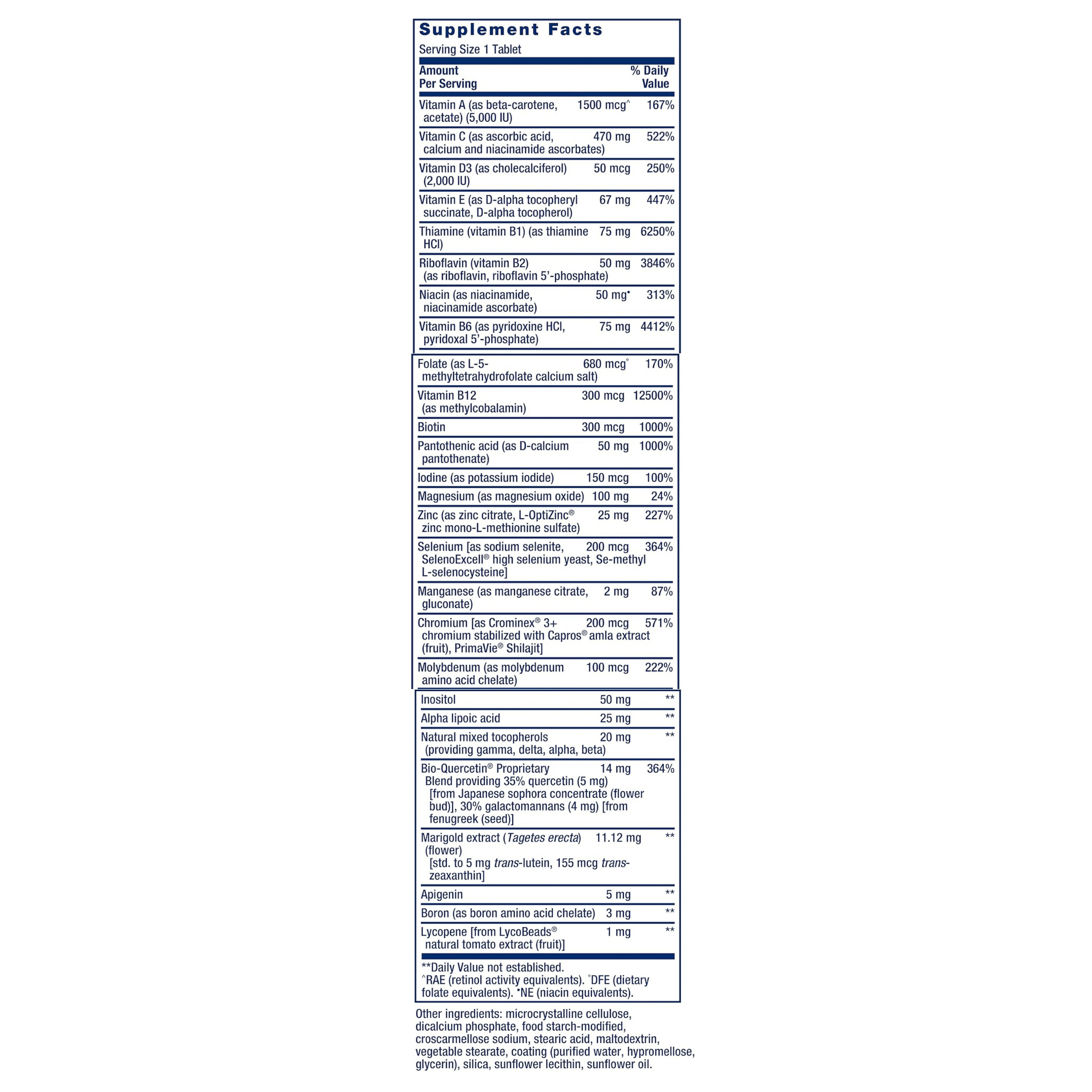 Life Extension, One-Per-Day Multivitamin, 60 Tablets supplement facts label showing ingredients, vitamins, minerals, and serving information