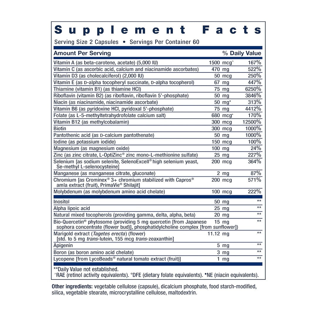 Life Extension, Two-Per-Day Multivitamin, 120 Capsules supplement facts label showing ingredients, vitamins, minerals, and serving information