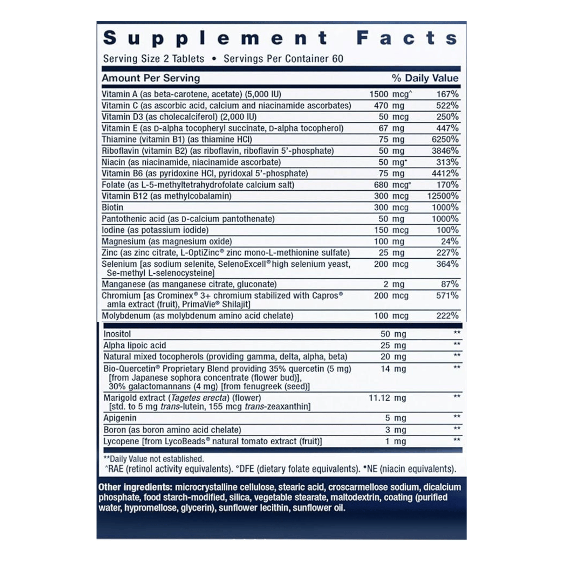 Life Extension, Two-Per-Day Multivitamin, 120 Tablets supplement facts label showing ingredients, vitamins, minerals, and serving information