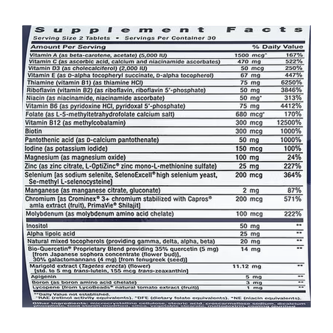 Life Extension, Two-Per-Day Multivitamin, 60 Tablets supplement facts label showing ingredients, vitamins, minerals, and serving information