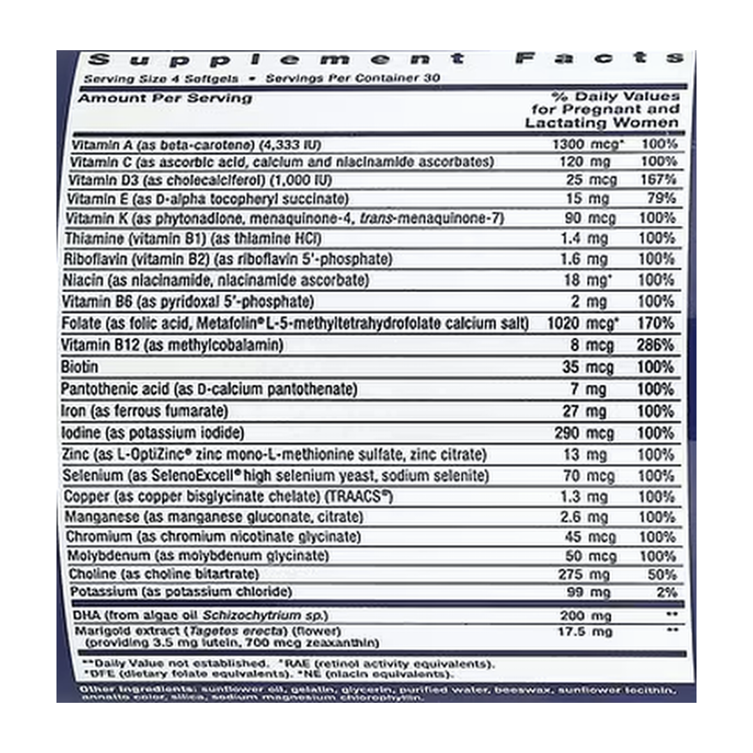 Life Extension, Prenatal Advantage, 120 Easy-To-Swallow Softgels supplement facts label showing ingredients, vitamins, minerals, and serving information