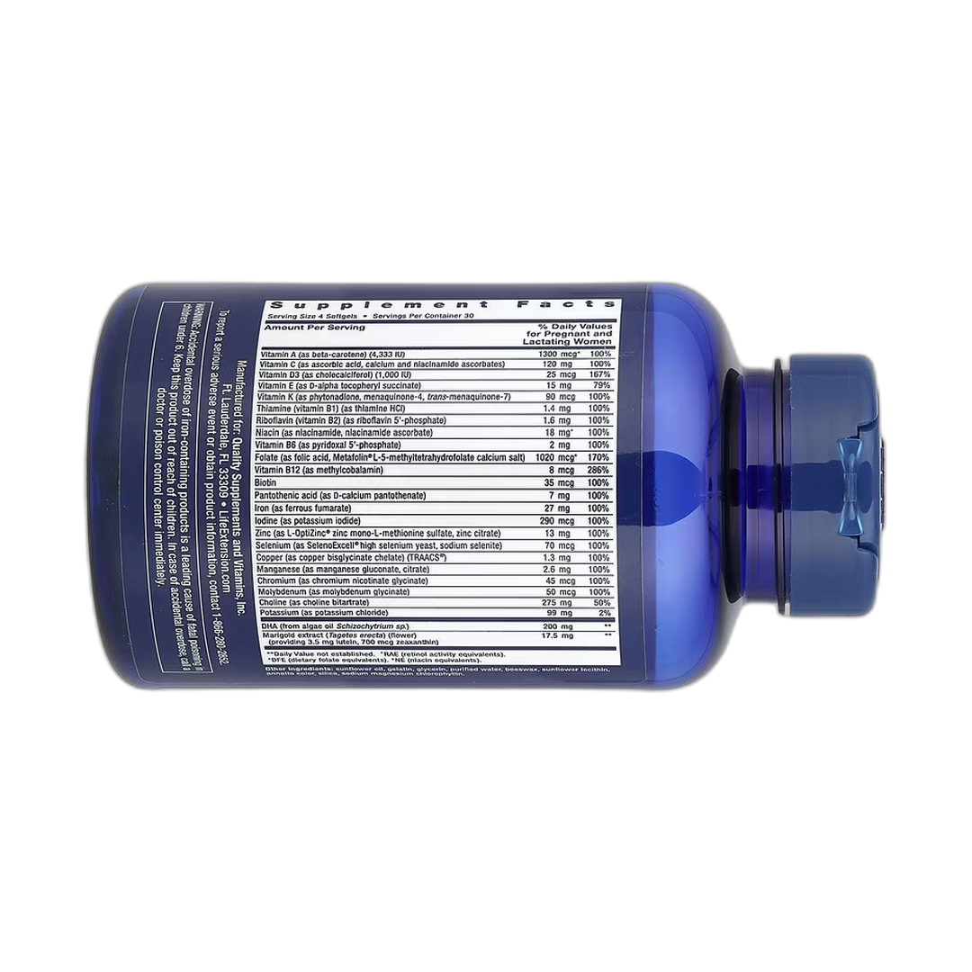 Life Extension, Prenatal Advantage, 120 Easy-To-Swallow Softgels back packaging view