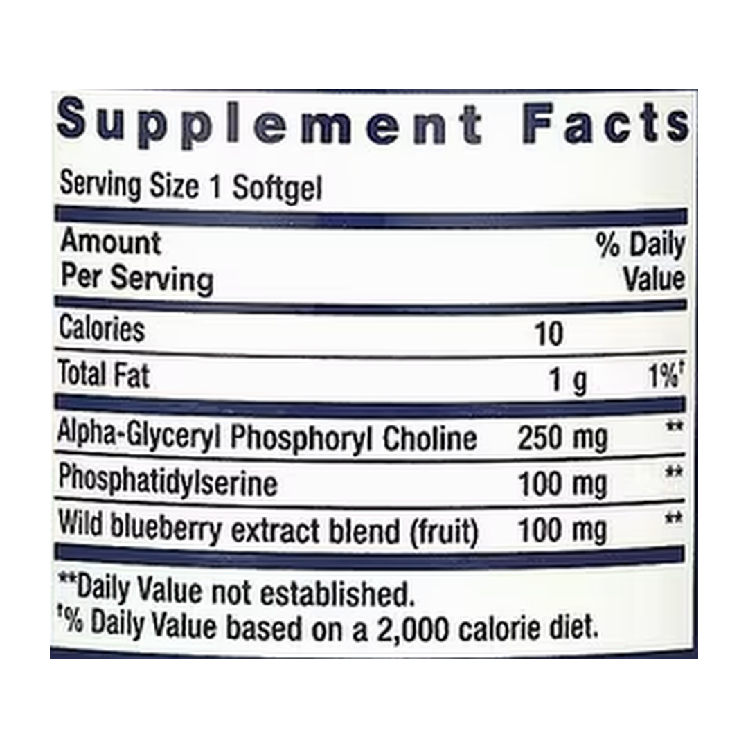 Life Extension, Cognitex Alpha GPC, 30 Softgels supplement facts label showing ingredients, vitamins, minerals, and serving information