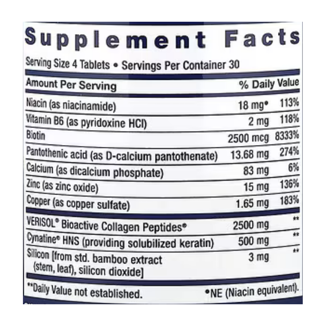 Life Extension, Hair, Skin & Nails, Collagen Plus Formula, 120 Tablets supplement facts label showing ingredients, vitamins, minerals, and serving information