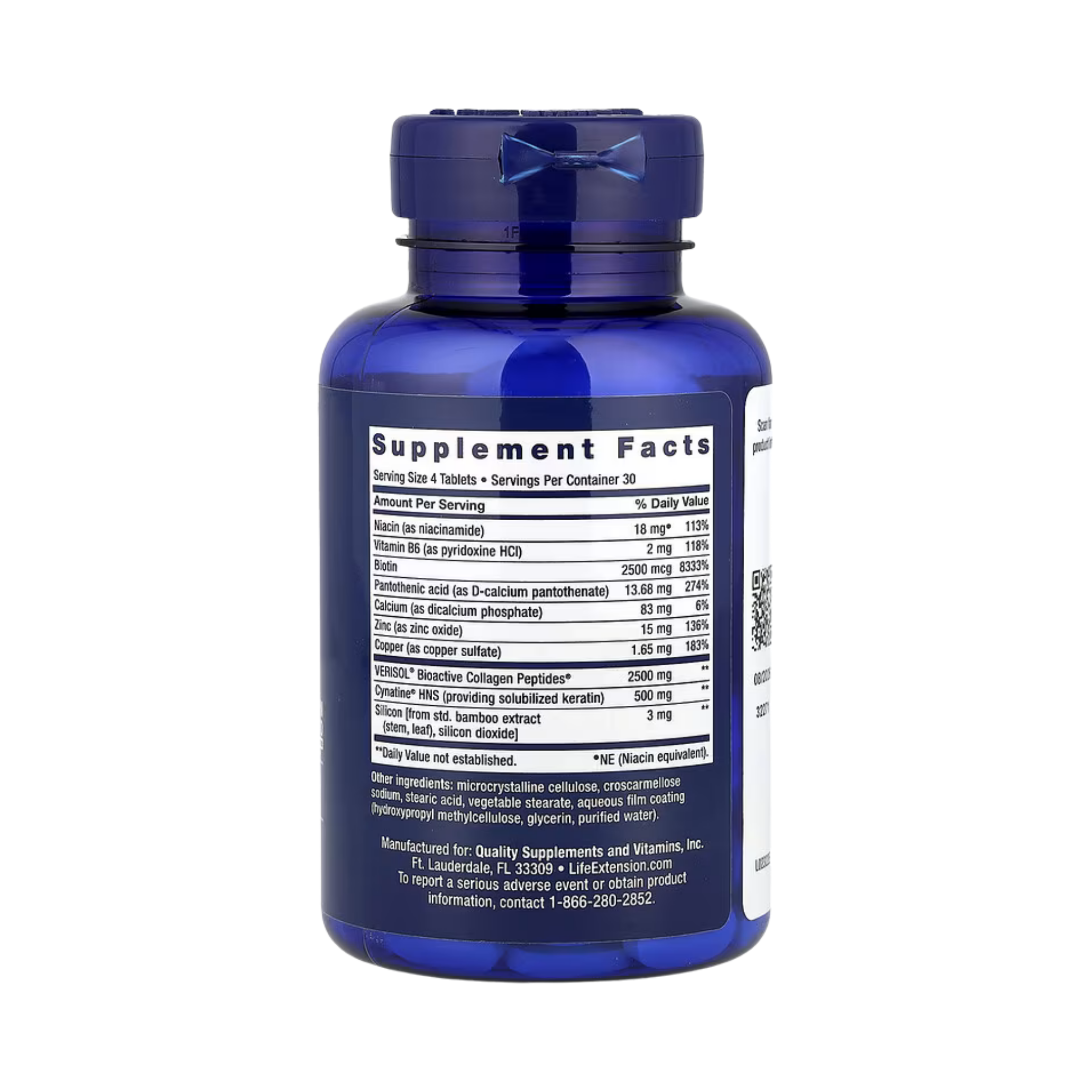 Life Extension, Hair, Skin & Nails, Collagen Plus Formula, 120 Tablets back packaging view