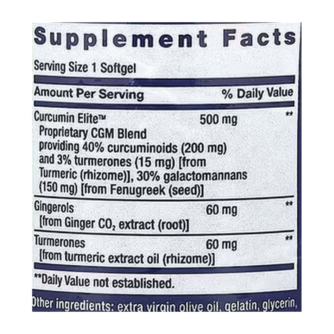 Life Extension, Advanced Curcumin Elite™, Turmeric Extract, Ginger & Turmerones, 30 Softgels supplement facts label showing ingredients, vitamins, minerals, and serving information