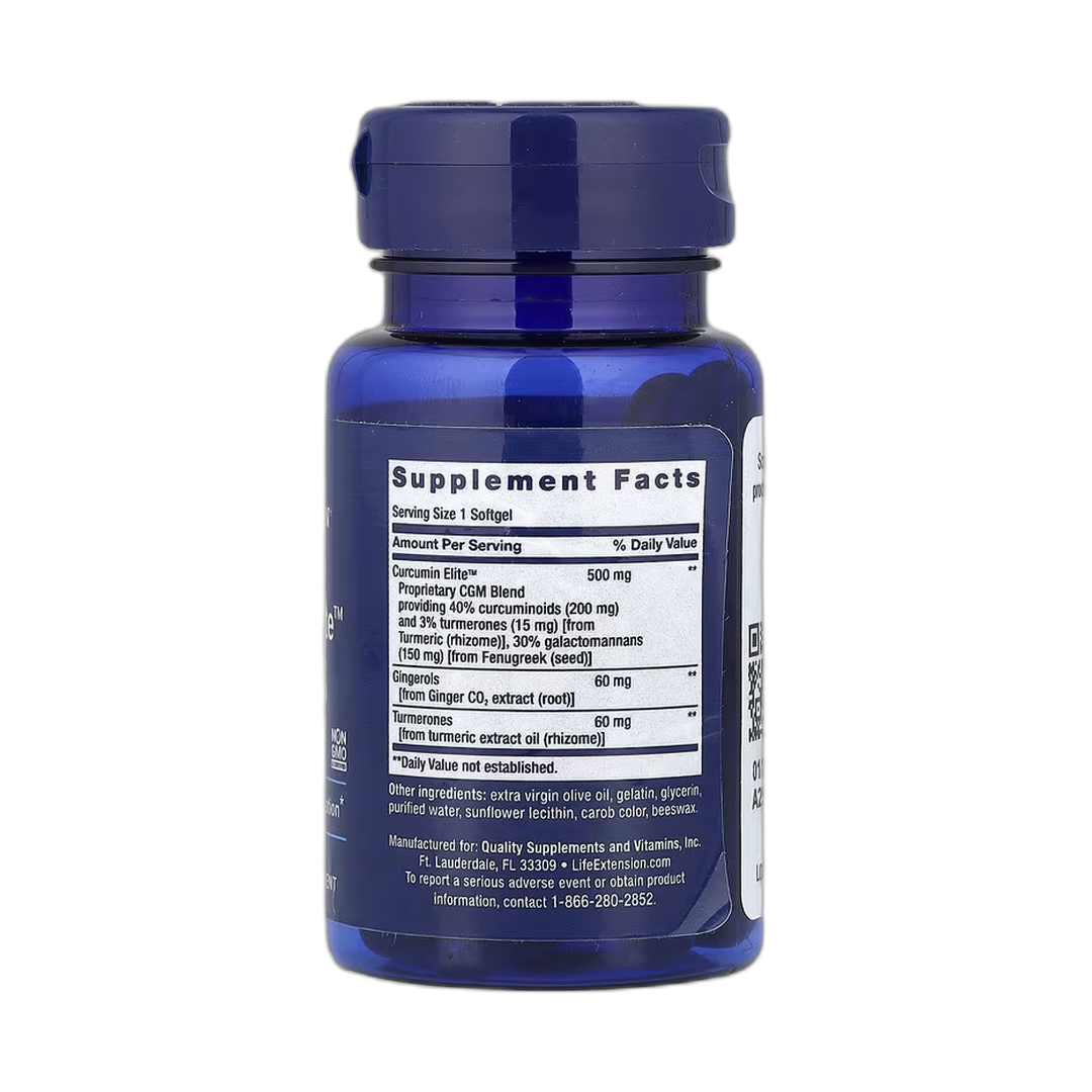 Life Extension, Advanced Curcumin Elite, Turmeric Extract, Ginger & Turmerones, 30 Softgels back packaging view
