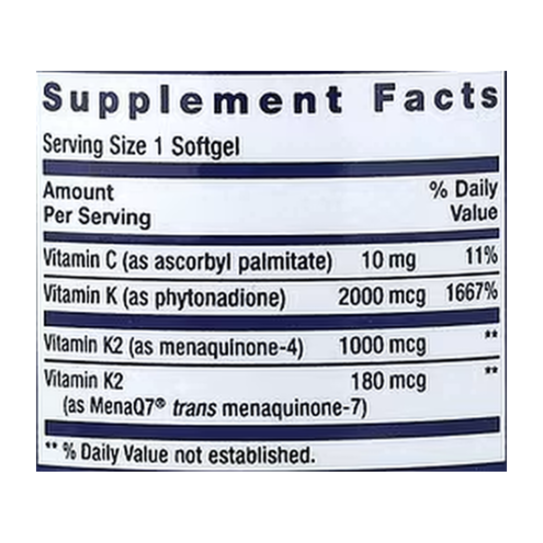 Life Extension, Super K, 90 Softgels supplement facts label showing ingredients, vitamins, minerals, and serving information