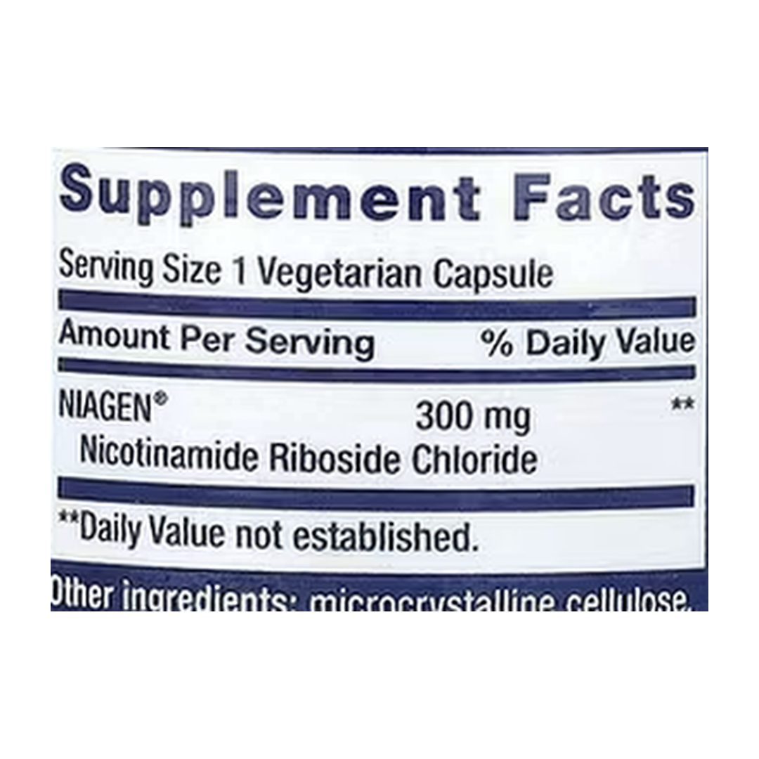 Life Extension, NAD+ Cell Regenerator, 300 mg, 30 Vegetarian Capsules supplement facts label showing ingredients, vitamins, minerals, and serving information