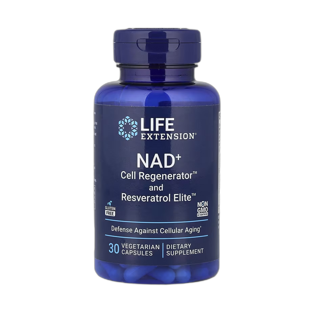 Life Extension, NAD+ Cell Regenerator and Resveratrol Elite, 30 Vegetarian Capsules front packaging view
